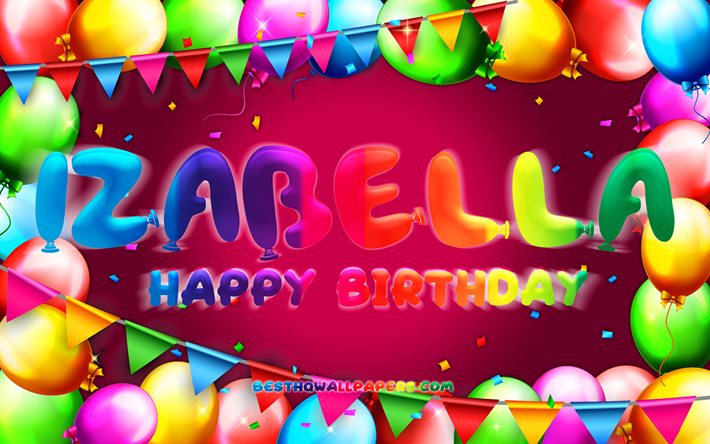 Buon compleanno Izabella, 4k, cornice palloncino colorato, nome Izabella, sfondo viola, Izabella Buon Compleanno, Izabella Compleanno, nomi femminili americani popolari, concetto di compleanno, Izabella