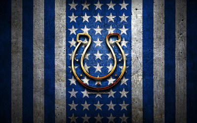 Indianapolis Colts flag, NFL, blue white metal background, american football team, Indianapolis Colts logo, USA, american football, golden logo, Indianapolis Colts