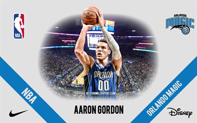 Aaron Gordon, Orlando Magic, Jogador de Basquete Americano, NBA, retrato, EUA, basquete, Amway Center, logotipo do Orlando Magic