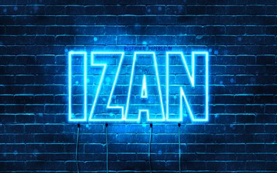 Izan, 4k, fonds d’&#233;cran avec des noms, nom Izan, n&#233;ons bleus, Joyeux anniversaire Izan, noms masculins espagnols populaires, photo avec le nom d’Izan
