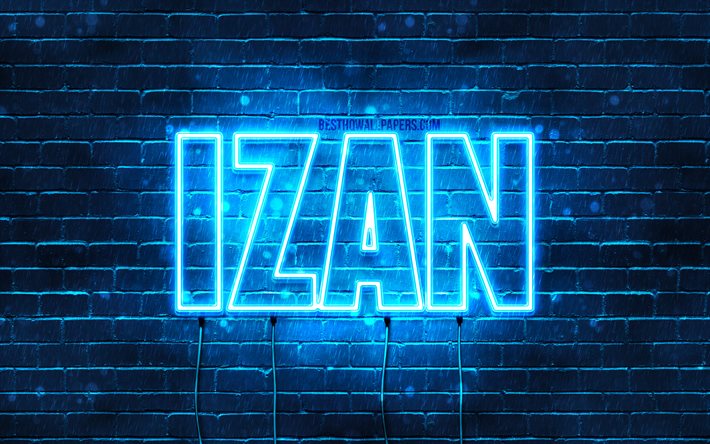 Izan, 4k, bakgrundsbilder med namn, Izan namn, bl&#229; neonljus, Grattis p&#229; f&#246;delsedagen Izan, popul&#228;ra spanska manliga namn, bild med Izan namn