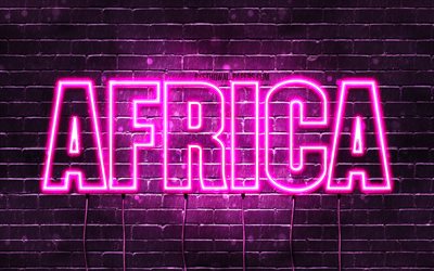 Afrique, 4k, fonds d’&#233;cran avec des noms, noms f&#233;minins, nom d’Afrique, n&#233;ons violets, Afrique de joyeux anniversaire, noms f&#233;minins espagnols populaires, image avec le nom d’Afrique