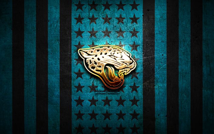 Jacksonville Jaguars drapeau, NFL, fond bleu black metal, &#233;quipe de football am&#233;ricain, Jacksonville Jaguars logo, Etats-Unis, football am&#233;ricain, logo d’or, Jaguars de Jacksonville