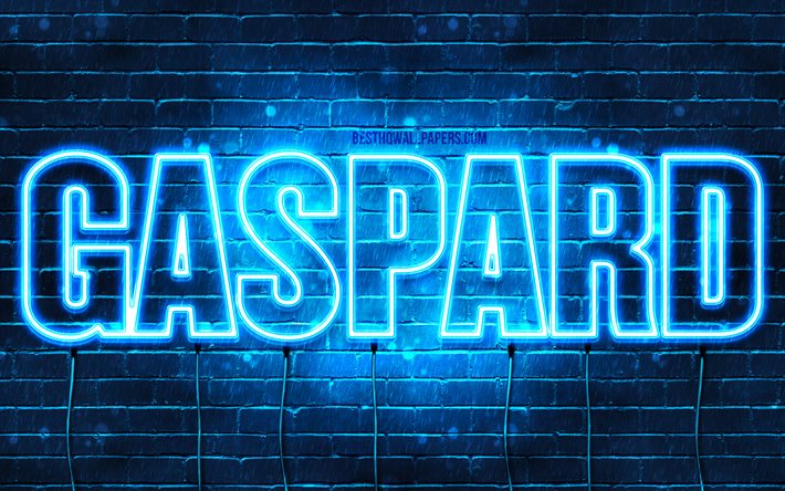 Gaspard, 4k, pap&#233;is de parede com nomes, nome Gaspard, luzes de neon azul, Feliz Anivers&#225;rio Gaspard, nomes masculinos franceses populares, foto com nome Gaspard