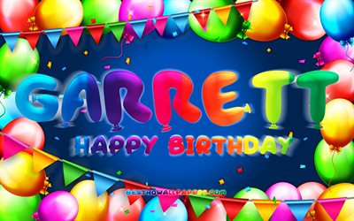Happy Birthday Garrett, 4k, colorful balloon frame, Garrett name, blue background, Garrett Happy Birthday, Garrett Birthday, popular american male names, Birthday concept, Garrett