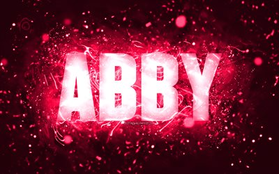 Joyeux anniversaire Abby, 4k, n&#233;ons roses, nom d&#39;Abby, cr&#233;atif, joyeux anniversaire d&#39;Abby, anniversaire d&#39;Abby, noms f&#233;minins am&#233;ricains populaires, photo avec le nom d&#39;Abby, Abby
