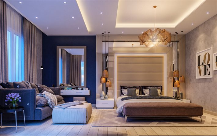 stylish bedroom design, modern interior design, bedroom, large bedroom mirror, bedroom idea, wooden pendant lights