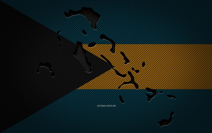 bahamas-karte, 4k, nordamerikanische l&#228;nder, bahamas-flagge, blauer kohlenstoffhintergrund, bahamas-kartensilhouette, nordamerika, bahamas, flagge der bahamas