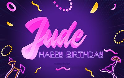 Happy Birthday Jude, 4k, Purple Party Background, Jude, creative art, Happy Jude birthday, Jude name, Jude Birthday, Birthday Party Background