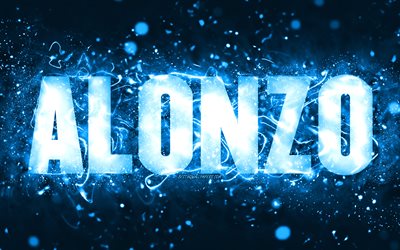 Feliz Anivers&#225;rio Alonzo, 4k, luzes de n&#233;on azuis, nome Alonzo, criativo, Alonzo Feliz Anivers&#225;rio, Anivers&#225;rio Alonzo, nomes masculinos americanos populares, foto com o nome Alonzo, Alonzo