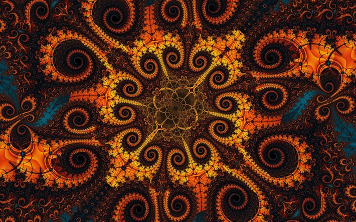 fractales noires oranges, ornements fractals, fleurs fractales, fond d&#39;ornement floral, fond de fractales