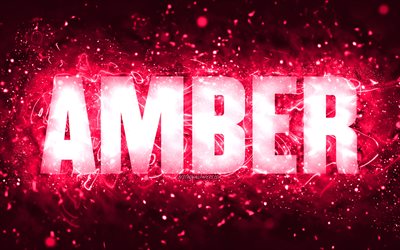 Happy Birthday Amber, 4k, pink neon lights, Amber name, creative, Amber Happy Birthday, Amber Birthday, popular american female names, picture with Amber name, Amber