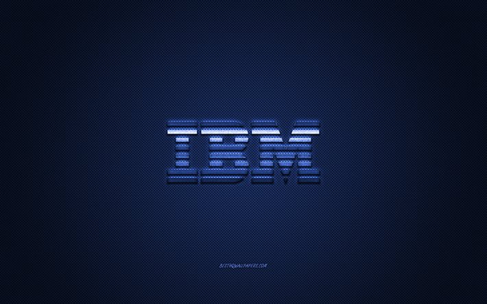IBM logo, blue carbon texture, IBM emblem, IBM blue logo, IBM, blue background