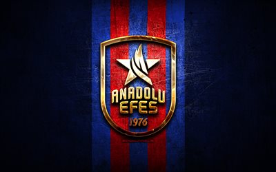Anadolu Efes, golden logo, Basketbol Super Ligi, blue metal background, turkish basketball team, Anadolu Efes logo, basketball, Anadolu Efes SK