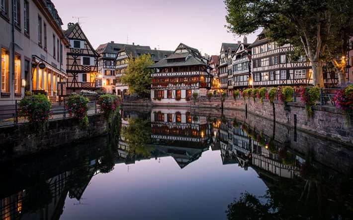 Petite France, Strasbourg, ilta, auringonlasku, historiallinen kortteli, Strasbourgin kaupunkikuva, Ranska