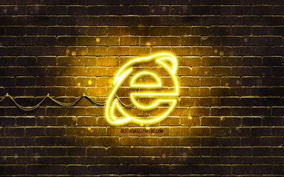 Logo jaune Internet Explorer, 4k, mur de briques jaune, logo Internet Explorer, marques, logo n&#233;on Internet Explorer, Internet Explorer