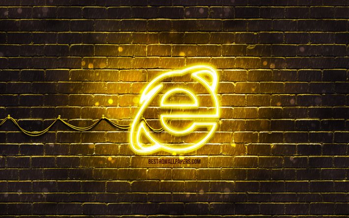 Internet Explorerin keltainen logo, 4k, keltainen tiilisein&#228;, Internet Explorer -logo, tuotemerkit, Internet Explorerin neonlogo, Internet Explorer