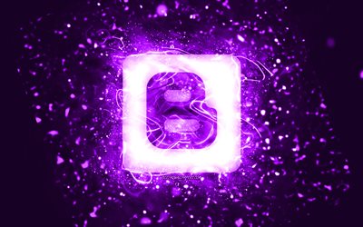 Bloggerin violetti logo, 4k, violetit neonvalot, luova, violetti abstrakti tausta, Blogger-logo, sosiaalinen verkosto, Blogger