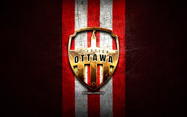 Atletico Ottawa FC, golden logo, Canadian Premier League, red metal background, football, canadian football club, Atletico Ottawa FC logo, soccer, Atletico Ottawa