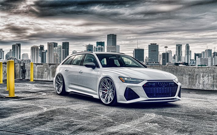 Audi RS6 Avant, 2021, 4k, white station wagon, tuning RS6 Avant, white RS6 Avant, exterior, German cars, Audi
