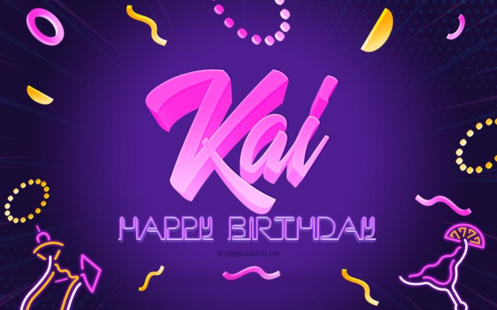 誕生日おめでとう, 4k, 紫のパーティーの背景, カイ, クリエイティブアート, カイの誕生日おめでとう, 甲斐名, カイの誕生日, 誕生日パーティーの背景