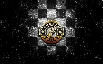 Austin Toros Spurs, logotipo brilhante, NBA G League, fundo preto e branco xadrez, basquete, time americano de basquete, logotipo do Austin Toros Spurs, arte em mosaico