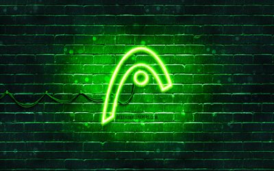 ヘッドグリーンのロゴ, 4k, 緑のレンガの壁, 頭のロゴ, お, ヘッドネオンロゴ, 頭部