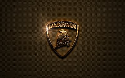 Logo Lamborghini dorato, grafica, sfondo marrone in metallo, emblema Lamborghini, creativo, logo Lamborghini, marchi, Lamborghini