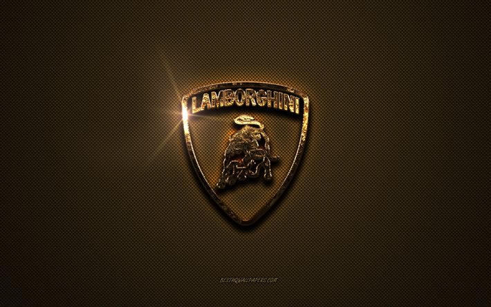 Lamborghini gyllene logotyp, konstverk, brun metall bakgrund, Lamborghini emblem, kreativ, Lamborghini logotyp, varumärken, Lamborghini