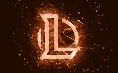 League of Legends kahverengi logosu, 4k, LoL, kahverengi neon ışıkları, yaratıcı, kahverengi soyut arka plan, League of Legends logosu, LoL logosu, çevrimiçi oyunlar, League of Legends