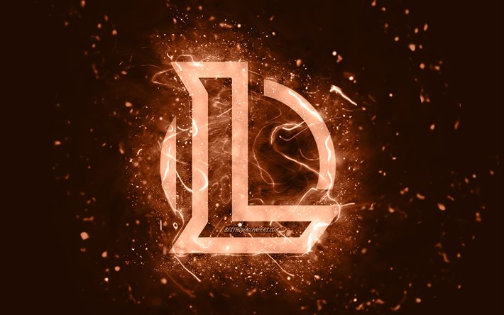 League of Legends logo marrone, 4k, LoL, luci al neon marroni, creativo, sfondo marrone astratto, logo League of Legends, logo LoL, giochi online, League of Legends
