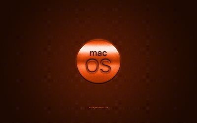 Logotipo do MacOS, logotipo laranja brilhante, emblema de metal do MacOS, textura de fibra de carbono laranja, MacOS, marcas, arte criativa