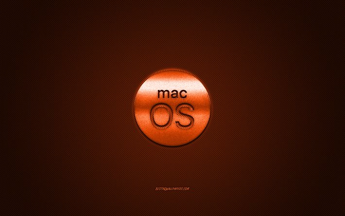 MacOS logo, orange shiny logo, MacOS metal emblem, orange carbon fiber texture, MacOS, brands, creative art