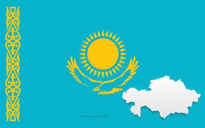 Kazakhstan map silhouette, Flag of Kazakhstan, silhouette on the flag, Kazakhstan, 3d Kazakhstan map silhouette, Kazakhstan flag, Kazakhstan 3d map