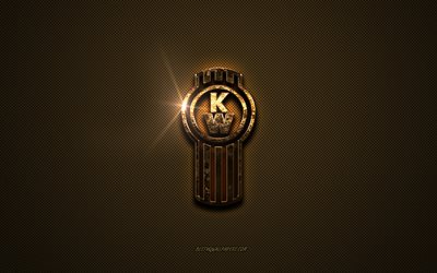 Kenworth golden logo, artwork, brown metal background, Kenworth emblem, creative, Kenworth logo, brands, Kenworth
