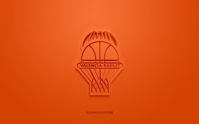 Valencia Basket, logotipo 3D criativo, fundo laranja, time espanhol de basquete, Liga ACB, Val&#234;ncia, Espanha, arte 3D, basquete, logotipo do Valencia Basket 3d