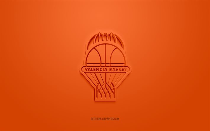 valencia basket, kreatives 3d-logo, orangefarbener hintergrund, spanische basketballmannschaft, liga acb, valencia, spanien, 3d-kunst, basketball, valencia basket 3d-logo