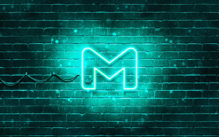 Gmail turkos logotyp, 4k, turkos brickwall, Gmail logotyp, posttj&#228;nster, Gmail neon logotyp, Gmail