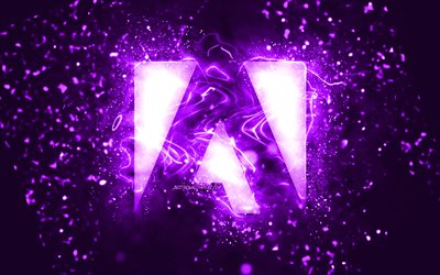 Adobe menekşe logosu, 4k, menekşe neon ışıkları, yaratıcı, menekşe arka plan, Adobe logosu, markalar, Adobe