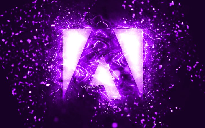 Adobe violet logo, 4k, violet neon lights, creative, violet abstract background, Adobe logo, brands, Adobe