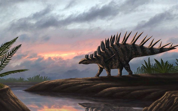 Kentrosaurus, dinosaurukset, ilta, auringonlasku, dinosauruspiirrokset, Kentrosaurus piirustus, Jurassic World