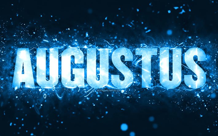 お誕生日おめでとうアウグストゥス, 4k, 青いネオンライト, アウグストゥスの名前, creative クリエイティブ, アウグストゥスお誕生日おめでとう, アウグストゥスの誕生日, 人気のあるアメリカ人男性の名前, アウグストゥスの名前の写真, アウグストゥス