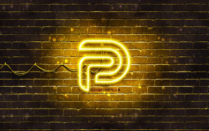 Parler keltainen logo, 4k, keltainen tiilisein&#228;, Parler-logo, sosiaaliset verkostot, Parler neonlogo, Parler
