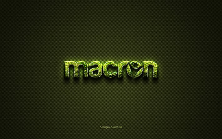 Logotipo da Macron, logotipo criativo verde, logotipo da arte floral, emblema da Macron, textura de fibra de carbono verde, Macron, arte criativa