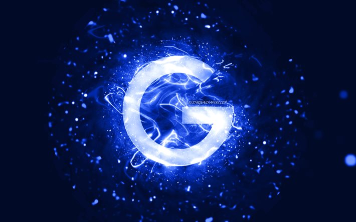 Google dark blue logo, 4k, dark blue neon lights, creative, dark blue abstract background, Google logo, brands, Google