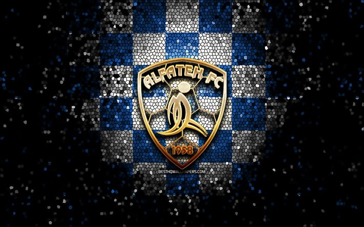 Al-Fateh SC, parıltılı logo, Suudi Profesyonel Ligi, mavi beyaz damalı arka plan, Al Fateh, futbol, Suudi Futbol Kul&#252;b&#252;, Al-Fateh logo, mozaik sanatı, Al-Fateh FC