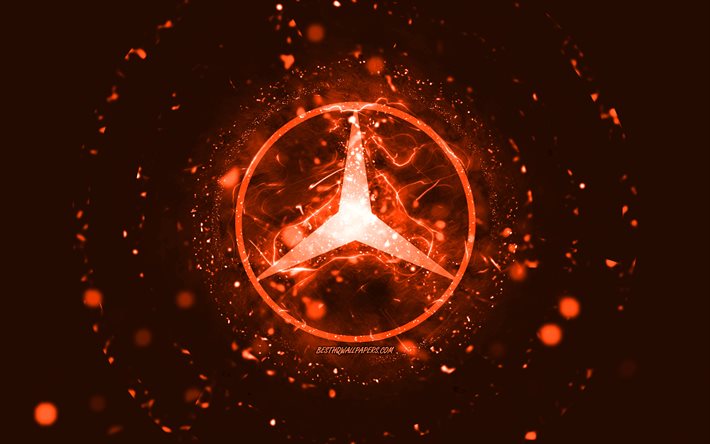Mercedes-Benz turuncu logosu, 4k, turuncu neon ışıkları, yaratıcı, turuncu soyut arka plan, Mercedes-Benz logosu, otomobil markaları, Mercedes-Benz