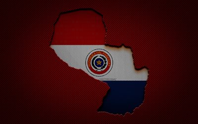 パラグアイの地図, 4k, 南アメリカの国々, パラグアイの国旗, 赤い炭素の背景, パラグアイの地図のシルエット, パラグアイの旗, 南米, パラグアイ