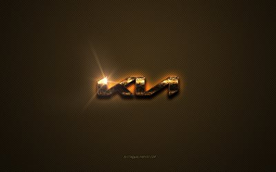 Logo Kia dorato, grafica, sfondo marrone in metallo, emblema Kia, creativo, logo Kia, marchi, Kia