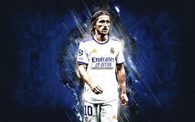 Luka Modric, Real Madrid, Croatian footballer, midfielder, blue stone background, La Liga, Spain, Champions League, football